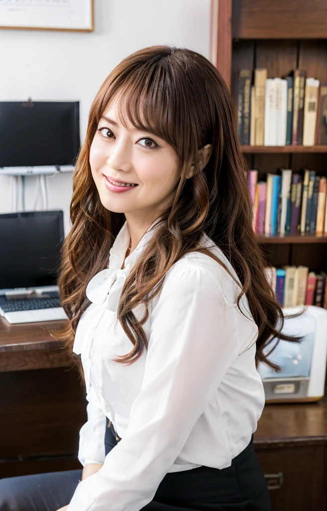 (Best quality, 8k, 32k, Masterpiece, UHD:1.2), from front, 1 girl, beautiy Japanese office lady, (smile:0.5), (looking at the the viewer), 30 years old, bit chubby:0.2, white shirt, black skirt, office room, desk, detailed beautiful face, twin-tail wavy hair, from below,