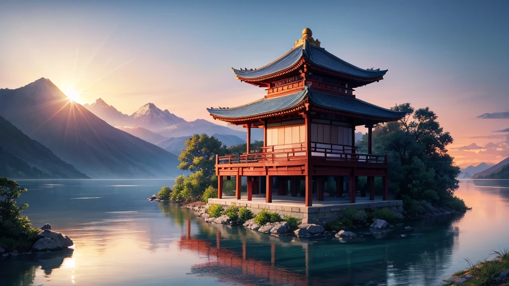 a traditional landscape of East Asia. It shows a quiet scene with hazy mountains in the background, a peaceful lake in the center, and many boats are floating on the water. There are trees and large rocks scattered everywhere, with pagoda-style houses hidden among the mountains. The sky is dyed pink and blue, suggestive of sunrise or sunset. This photo is interesting because of its peaceful combination and skillful use of water level to create depth and atmosphere for the painting.. Pretty