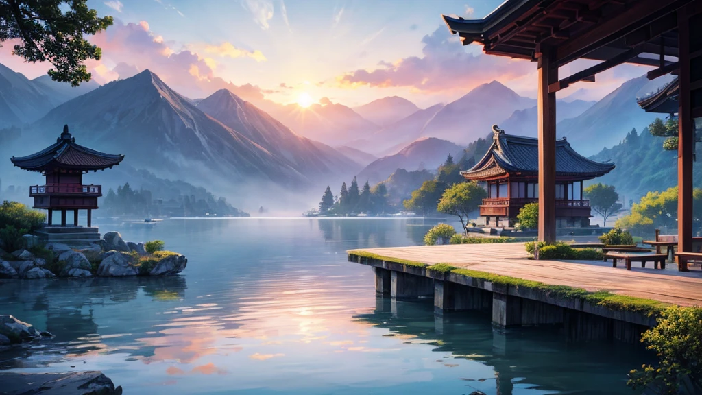a traditional landscape of East Asia. It shows a quiet scene with hazy mountains in the background, a peaceful lake in the center, and many boats are floating on the water. There are trees and large rocks scattered everywhere, with pagoda-style houses hidden among the mountains. The sky is dyed pink and blue, suggestive of sunrise or sunset. This photo is interesting because of its peaceful combination and skillful use of water level to create depth and atmosphere for the painting.. Pretty