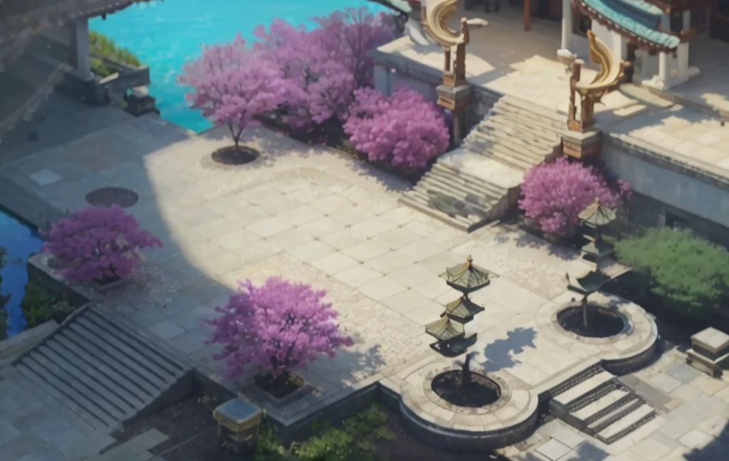 Chinese style,Overlooking the large courtyard,Purple tree,Petals fall to the ground,White stone floor,The light and shadow are scattered,brick,Bright sunny tones,Background is the sea,The projection is clear,Clear structure,Structured,Precious silk,Deco,Precious Stone,hanfu,32k——niece 5,(masterpiece,Top quality,Best Quality,Official Art,Beautiful beauty:1.2),(8k,Best Quality,masterpiece:1.2),(((White background,)))(merchandise/baoxiang),Fantasy,The Chinese Wes Anderson feeling, rich and colorful, landscape