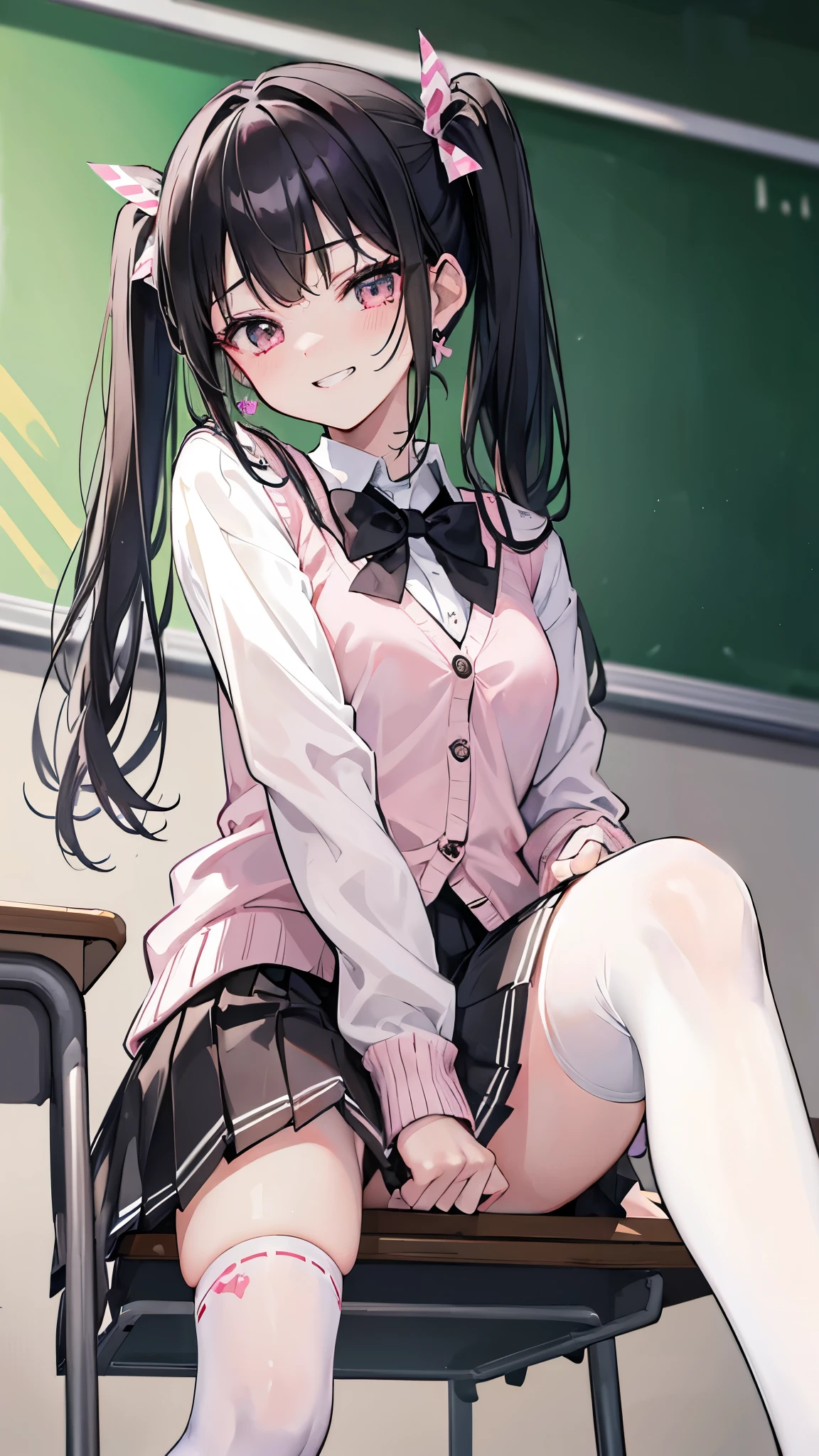 ((masterpiece、Highest quality、Very detailed))、One Girl、Black Hair、Medium Hair、twintails、blunt bangs、Pink eyes、evil smile、((Grin))、Earrings、Small breasts、((White shirt))、A bow tie、((pink cardigan))、((Black pleated skirt))、((black thighhighs))、((Sit on a chair))、((knees up))、((spread legs:1.2))、((black and white Striped pattern panties))、Shoot from below、((Classroom Background))