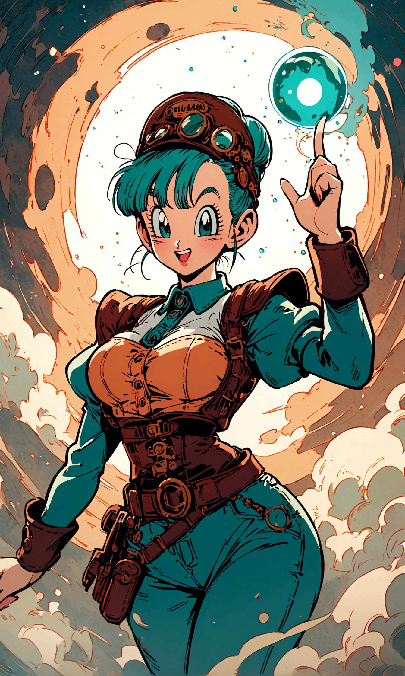 1girl,bulma,dragon ball,Retro Style,Steampunk Background