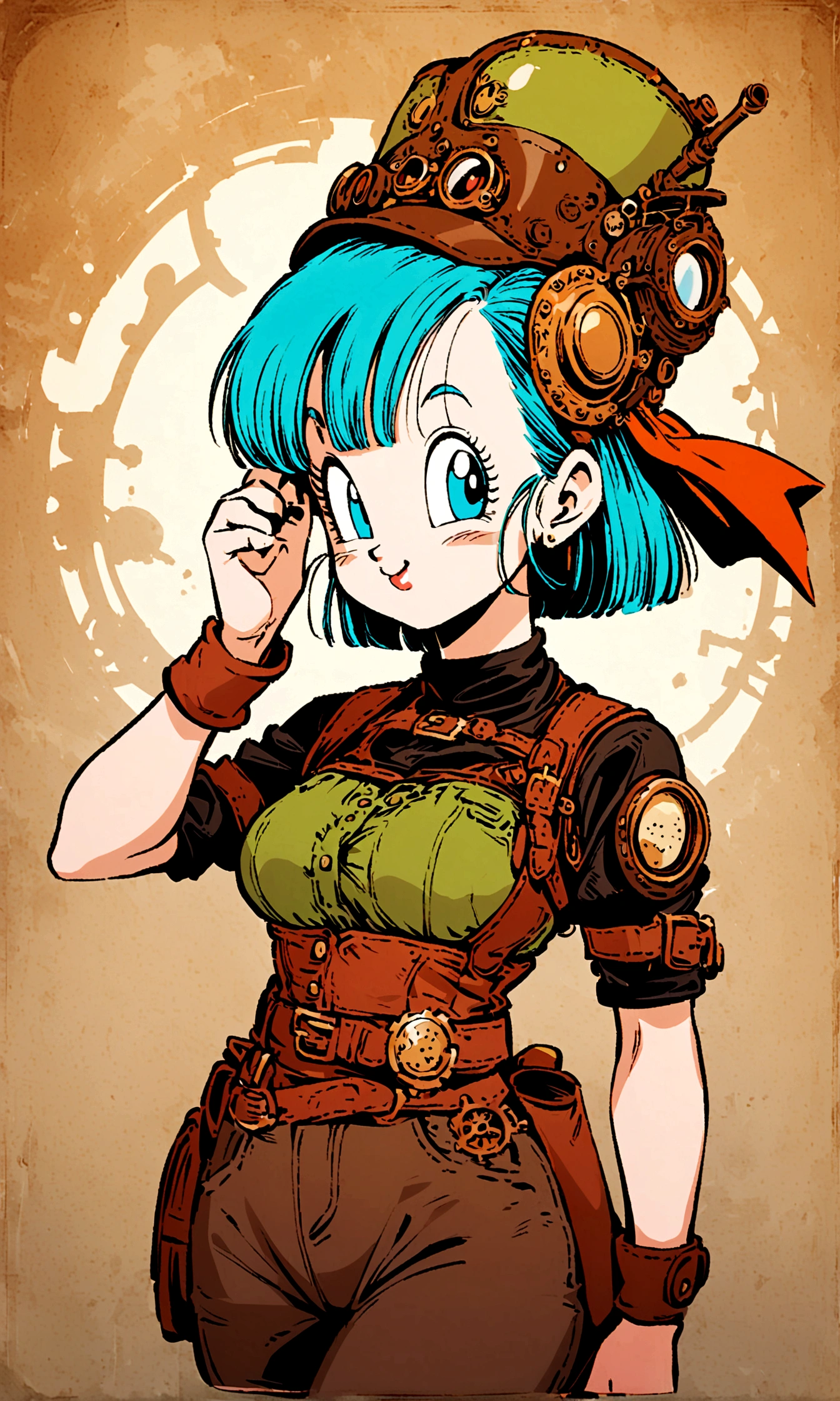 1girl,bulma,dragon ball,Retro Style,Steampunk Background