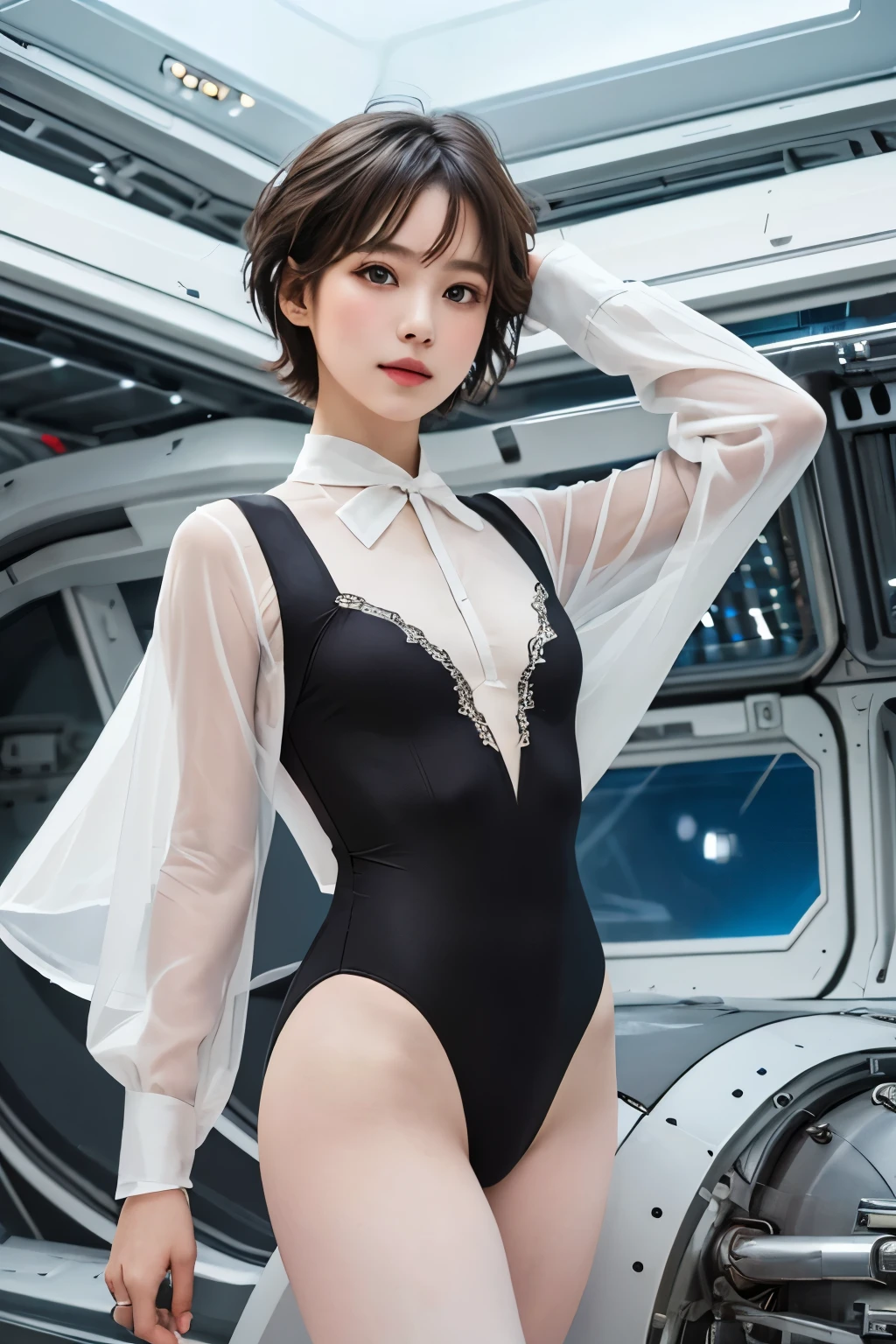 highest quality、masterpiece、ultra high resolution、(real:1.4)、Beautiful woman1、Beautiful details of eyes and skin、light brown short cut hair、small smile、perfect ballet leotard suit、spaceship、Remains、cloudy sky、