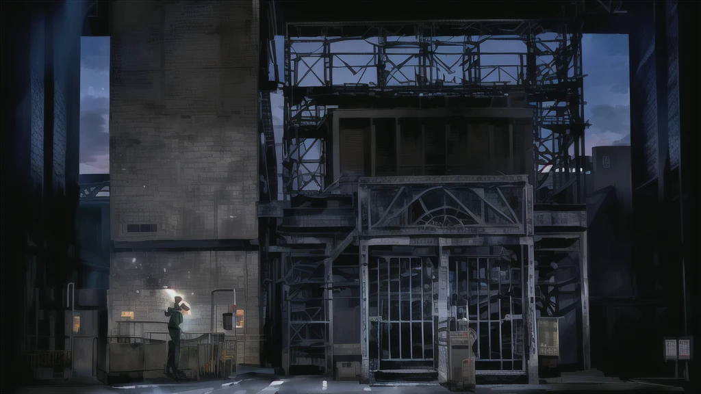 Stage Background,Newspaper factory scene，Steel gates，Steel Stairs,No characters,Hyper-realistic scenarios,legendary newsboys musical scene,