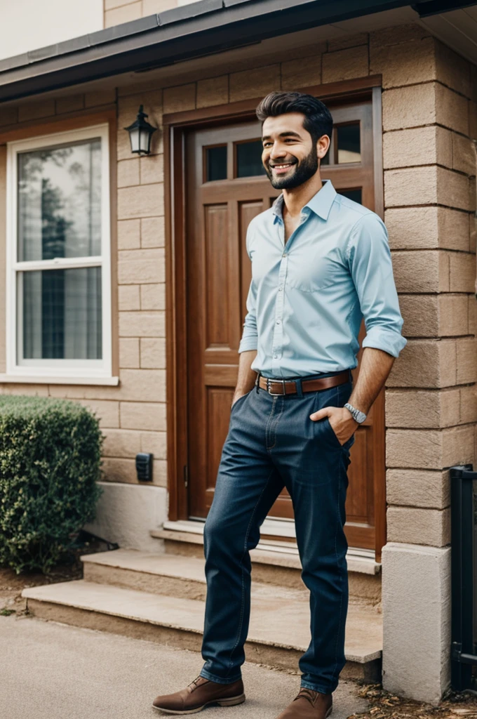 Generate an image of a grateful to a man outside a house