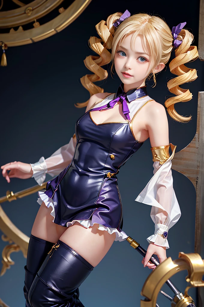 Highest quality　Masterpiece 8K　Super fine　Beautiful Face　1girl Realistic　Two Arms　Five Fingers　Two Legs　((Super Drill Twintails))　Platinum Blonde Hair　Body　Plump　18-year-old　Shiny skin　Slit eyes　Thick makeup in Chinese style　Narrow eyes　Long eyelashes　Cao Cao　Warlene　Awkward gaze　An inappropriate smile　Leather sleeveless outerwear　Transparent white lace inner　Purple hair ribbon decorated with a gold skull　slender　Super big tits standing　Looking at this　Hands on hips