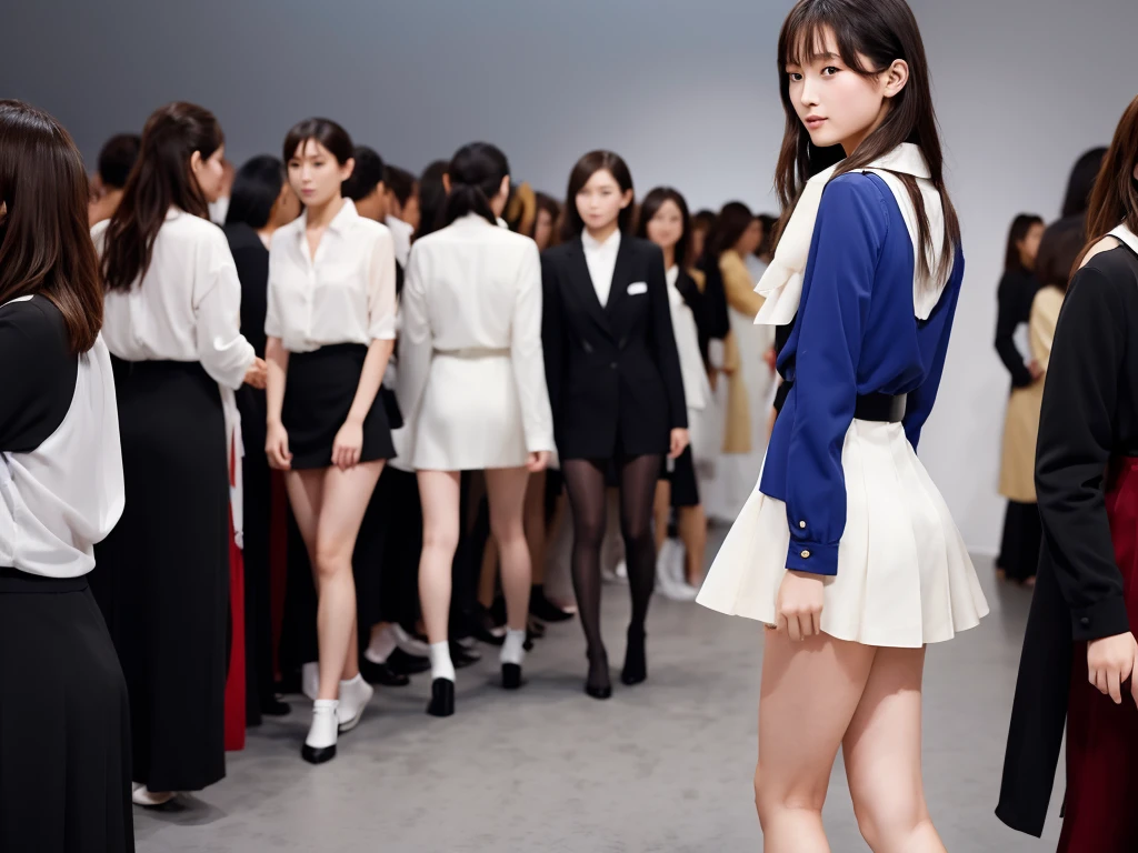An extremely beautiful Japanese high school girl race queen who highlights her beautiful legs、Photographed walking down the runway at Zara's new underwear fashion show、She is an eternal idol who combines a clean look with modern charm.。 She creates such beauty。 She feels her own warmth。 She creates a warm atmosphere。 We create beauty。 That's what I want to say。 In her full body photo、The figure features porcelain-like skin and golden hair that radiates a soft glow.。 This is probably、It captured the essence of her timeless charm.、This is the best shot ever.。 Each straight line and curve is carefully expressed.、Breathtakingly beautiful with impeccable detail。 This piece perfectly captures her timeless beauty.。 Divine Proportions、Sharp focus、Full-body photo taken by Kishin Shinoyama、high quality、High resolution、Detailed Background
