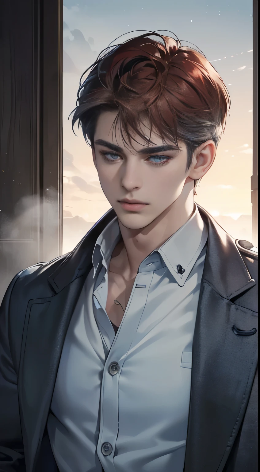 (best quality, masterpiece, 8 thousand, realistic, cinematic lighting, 1:4 HDR images, very detailed, beautiful photoature man, very handsome, ((cold expression)), red short hair, blue grey eye, A perfect face without any mistakes, ((Buttoning my jacket, chief executive))