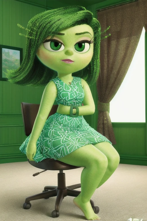 anatomically correct, masterpiece, best high quality, RAW Photo, perfect anatomy, 4k, quality lighting, detailed hands, detailed feet, detailed eyes, solo, female character, green dress, mini skirt, green hair, green skin, thick thighs, wide hips, medium breasts, bedroom, sitting on chair