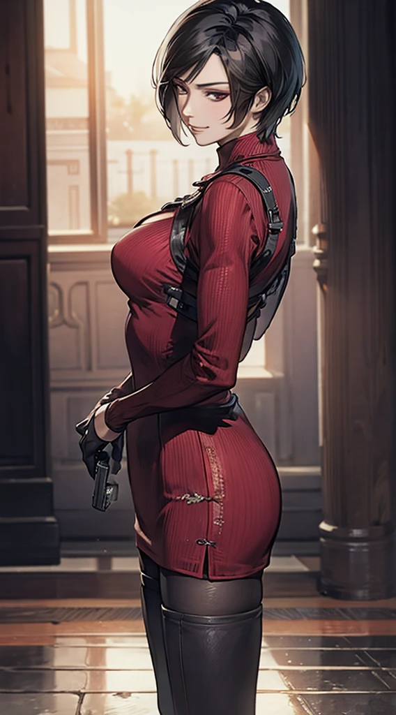 model at middle positions ,1 rapariga, solo, Ada Wong in Resident Evil 4 Remake, short detailed hair, brunette color hair, Red cheongsam, Short-sleeved shirt, Nero, nedium breasts, upper limbs, hindquarters, Black heels, Adriana's face, Find your audience, sly smile, A pistol was hung on her waist, best qualtiy, hight resolution:1.2, 18th century village in the background, Shadowing, Nightmare, rays of moonlight, Upper body photography, Low camera angle、depth of fields、center focused,Large Breasts,cleavage