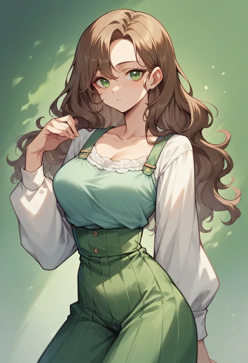 Light brunette girl with olive green eyes with long waist-length wavy brown hair