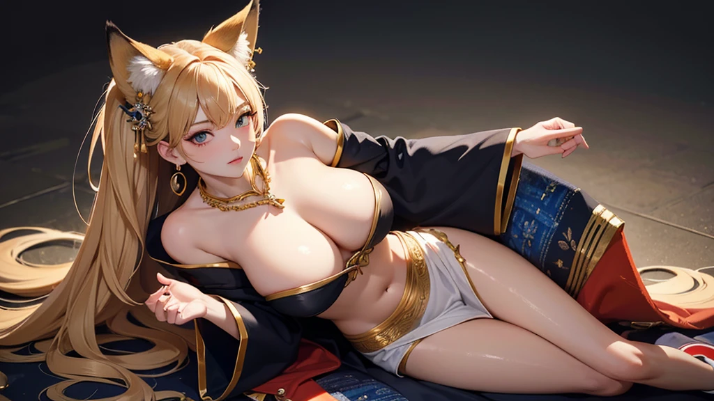 Camera angle looking down from above。Stretch your legs out in a reclining chair and relax.、A beautiful woman with big breasts and fox ears pointing down in the wrong direction。Shiny kimono with off-the-shoulder sleeves and a skirt。hair ornaments、Earrings、necklace。UHD, anatomically correct, masterpiece, accurate, textured skin, super detail, high details, high quality, best quality, highres, 16k, UHD, anatomically correct, masterpiece, accurate, textured skin, super detail, high details, high quality, best quality, highres, 16k