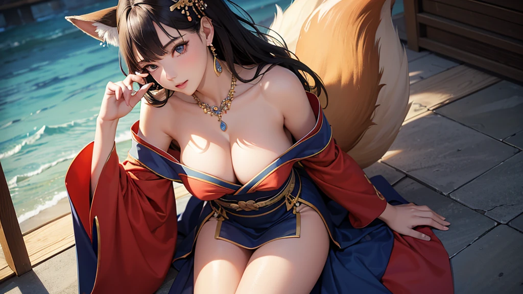 Camera angle looking down from above。Stretch your legs out in a reclining chair and relax.、A beautiful woman with big breasts and fox ears pointing down in the wrong direction。Shiny kimono with off-the-shoulder sleeves and a skirt。hair ornaments、Earrings、necklace。UHD, anatomically correct, masterpiece, accurate, textured skin, super detail, high details, high quality, best quality, highres, 16k, UHD, anatomically correct, masterpiece, accurate, textured skin, super detail, high details, high quality, best quality, highres, 16k