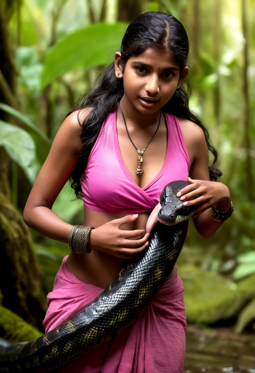 Pink tank top and  thong wearing aroused horny beautiful happy  Indian teen  vs  Giant  black anaconda monster wrapped around her body squeezing her in coiled embrace cuddling and kissing  sexual erotic bestiality  sex  realistic in the rainforest full body, best quality wet 