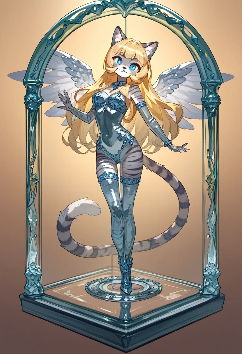 score_9, score_8_up, score_7_up Anthro furry cat girl, 
translucent, transparent, glass sculpture. Kat, silver furry body, grey striped body, blonde hair, blue eyes, long blonde hair, majestic pose, standing on a glass base, angelic background