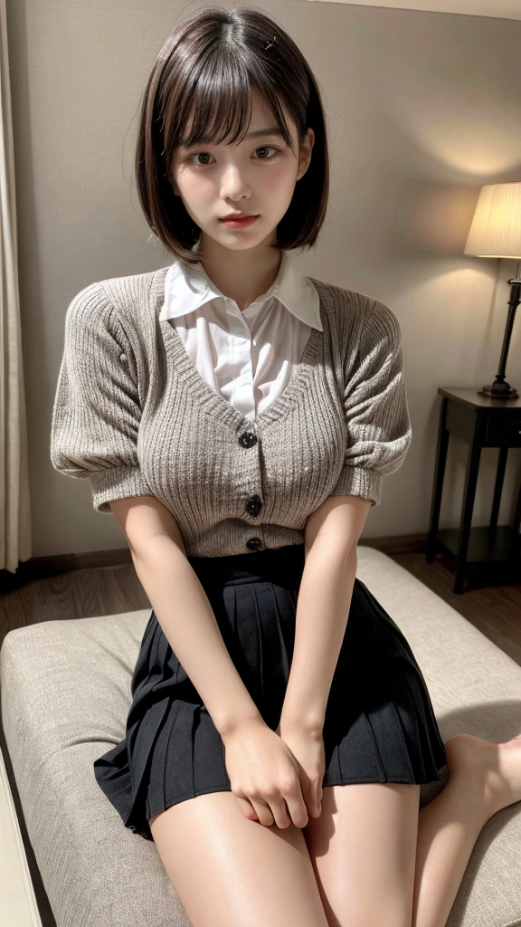 Masterpiece, highest quality, figure, Very detailed, Fine details, High resolution, 8k,wallpaper, Perfect dynamic composition,(Detailed high quality, Realistic depiction of eyes:1.3), (Collared knit shirt:1.1), Pleated skirt, Short Bob Hair、Black hair color, Big Natural Color Lip, Bold sexy pose, Crying a little、Harajuku Style、Acrobatic pose, 20-year-old girl、Cute type、Lolita、Beautiful feet, Hotel Rooms, Idol Sculpture, Voluptuous thighs, Huge breasts