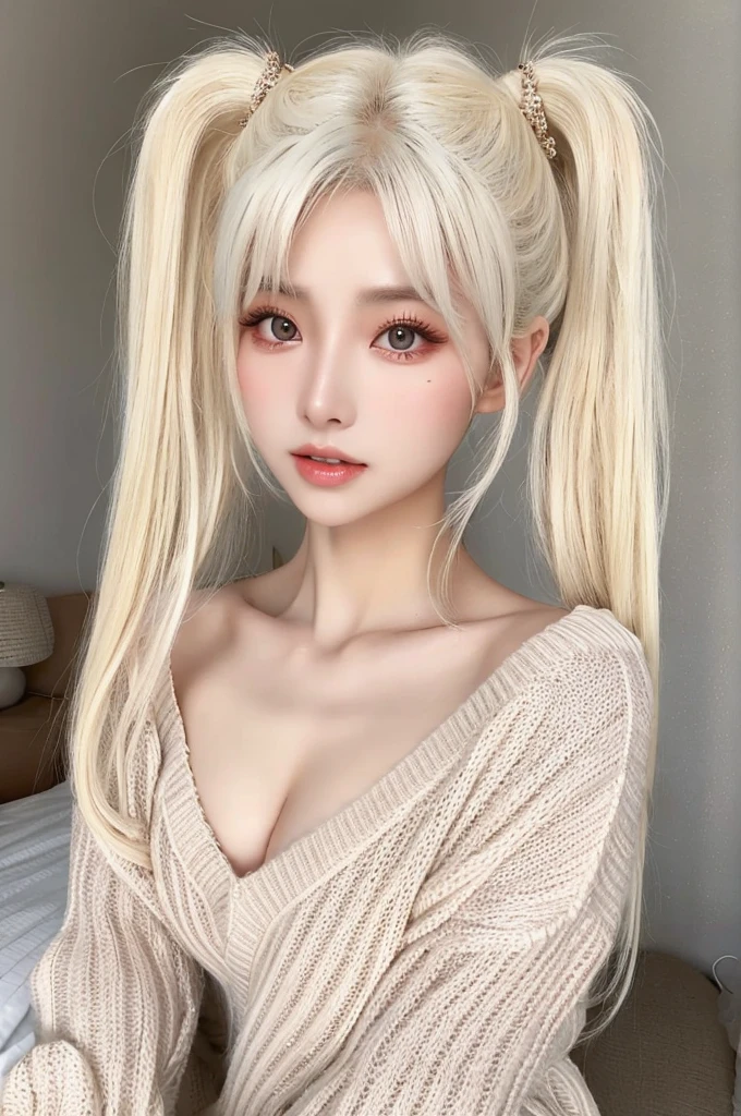 Beautiful woman with perfect figure：1.4，Layered Hairstyles，Sexy，Protruding nipples：1.5，White see-through sweater，Highly detailed face and skin texture，double eyelid，Whitening skin，Long pure white hair，Twin tails