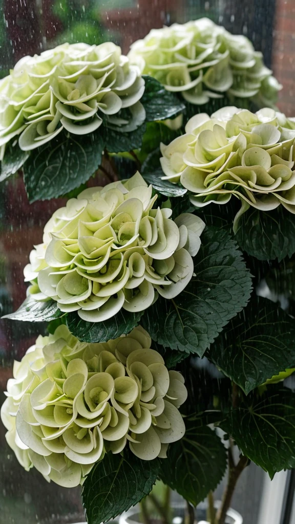 Rain-soaked hydrangeas seen outside the window