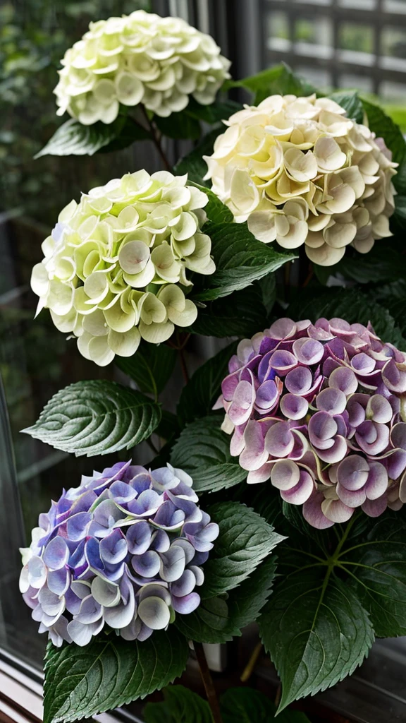 Rain-soaked hydrangeas seen outside the window