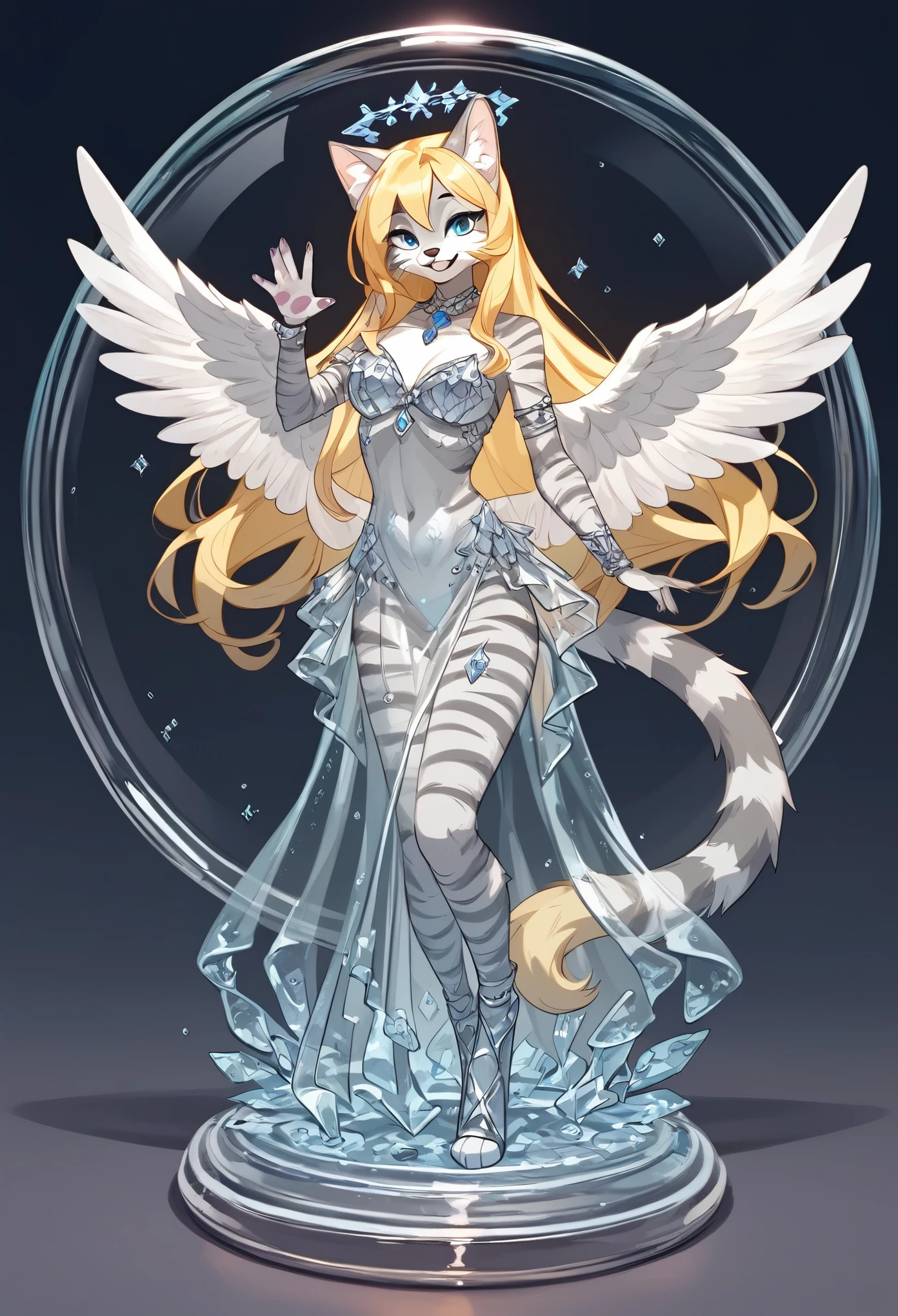 score_9, score_8_up, score_7_up Anthro furry cat girl, 
translucent, transparent, glass sculpture. Kat, silver furry body, grey striped body, blonde hair, blue eyes, long blonde hair, majestic pose, standing on a glass base, angelic background