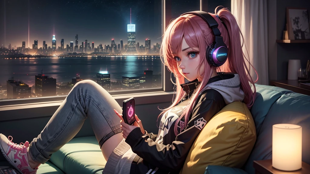 A gamer girl relaxing on the couch with a portable gaming device in her hands and headphones on, in your living room with a city skyline outside the window at night. Tenha cartazes de jogos na parede.
