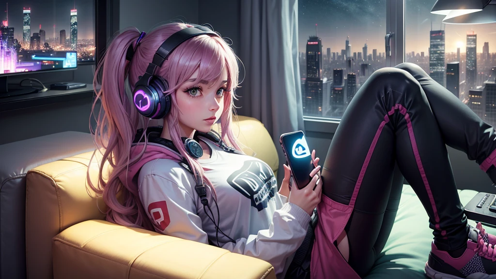 A gamer girl relaxing on the couch with a portable gaming device in her hands and headphones on, in your living room with a city skyline outside the window at night. Tenha cartazes de jogos na parede.