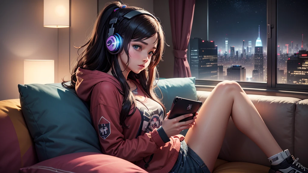 A gamer girl relaxing on the couch with a portable gaming device in her hands and headphones on, in your living room with a city skyline outside the window at night. Tenha cartazes de jogos na parede.