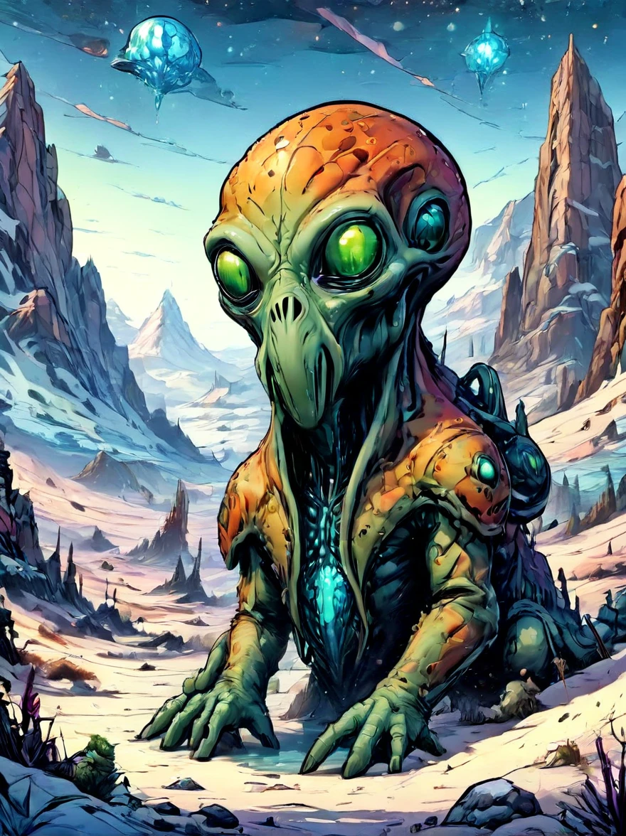 Cephalopod aliens with bioluminescent camouflage in a frozen desert beneath icy mountains, pintura digital ultrafina, redemoinho de cores ral