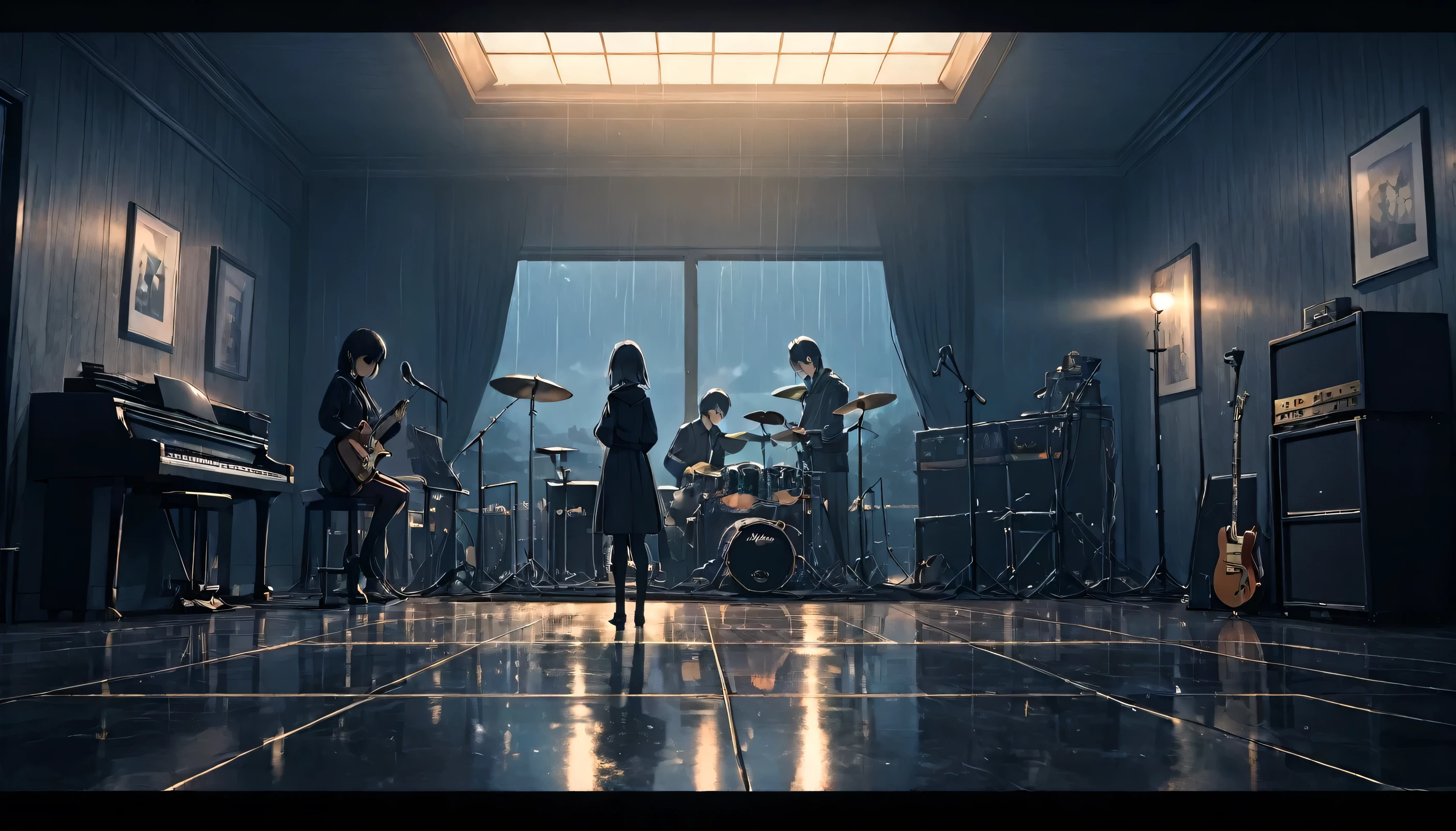 a moody rainy day, dimly lit room, anime band performing, distant view, long eyelashes, (best quality,4k,8k,highres,masterpiece:1.2),ultra-detailed,(realistic,photorealistic,photo-realistic:1.37),cinematic lighting, dramatic shadows, vibrant colors, moody atmosphere, extremely detailed eyes and face,