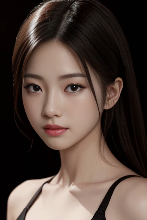 a detailed and realistic portrait of a gorgeous 18-year-old Asian girl with clean, flawless skin, detailed face, round eyes with long lashes, and flowing black hair, staring directly at the camera with a serene expression, dramatic lighting for a magical, photorealistic effect, ultra-detailed and of the highest quality, with a centered image composition, f/1.8 aperture and 85mm lens, wearing a white one-piece dress, black stockings, sneakers, and a high , with bows, a simple black background, ample round bosom