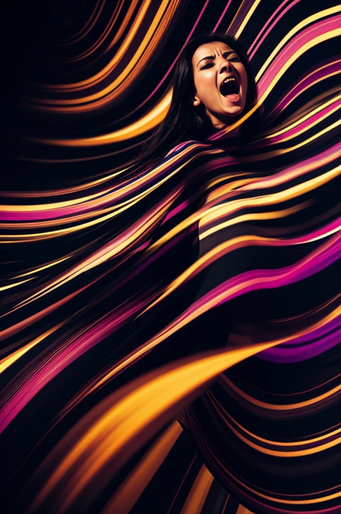 A euphoric woman screaming and stripes of dark colors appear around her body like an aura on her body