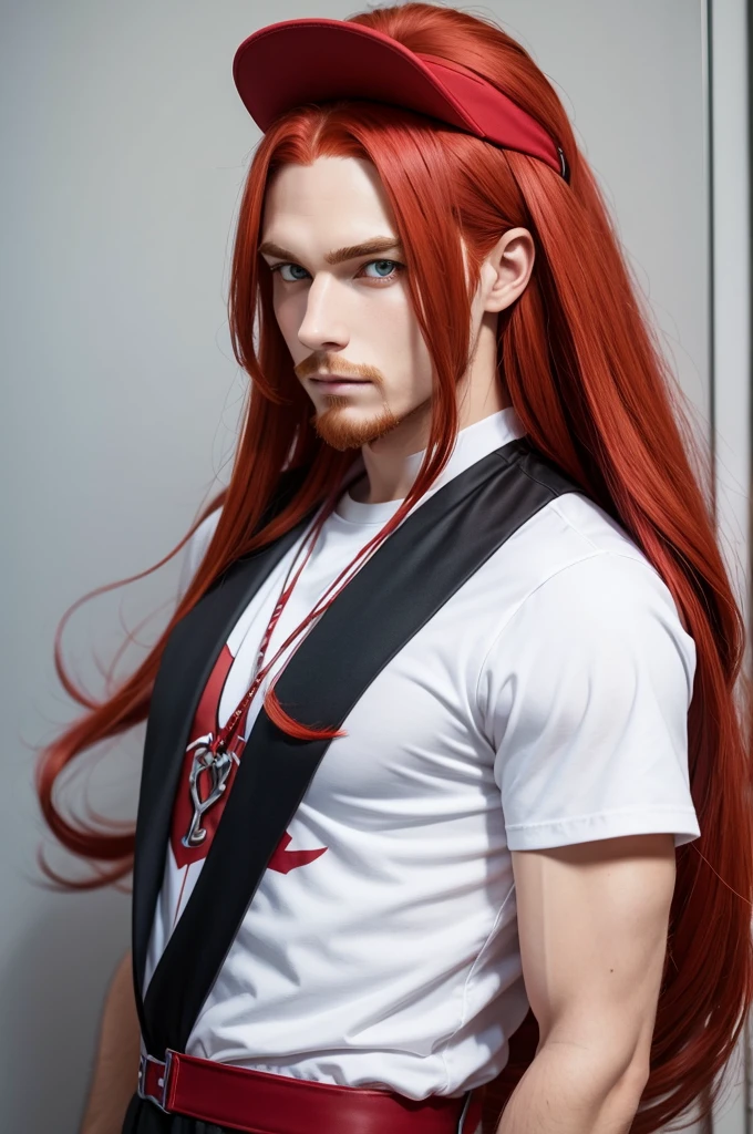 Male anime style long hair red hair topless handsome man