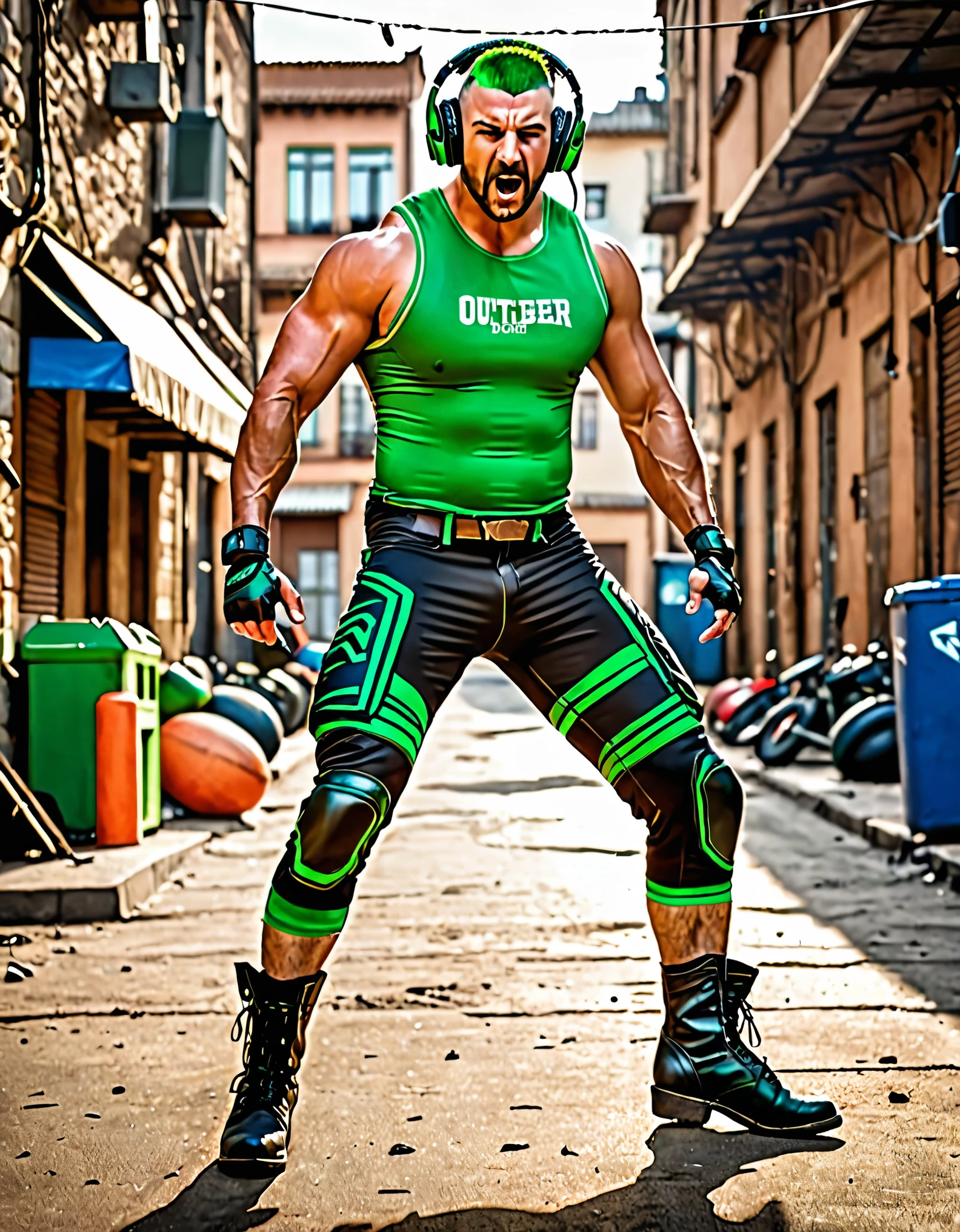 best quality, masterpiece, highres, 1man, early-thirties male, green hair, dark brown hair, crew cut, chest hair, full body, male focus, muscular, outstretched hand, perfect hands, pectorals, solo, wrestling outfit, green bike shorts, (headset, headphones, tactical radio), matching boots, Argentinian, steel skin, angry, full body with costume, cowboy shot, full body shot, rampaging towards the viewer