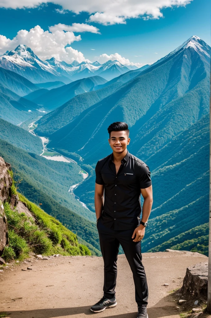 a handsome young malaysian man. posing seeing the mountain