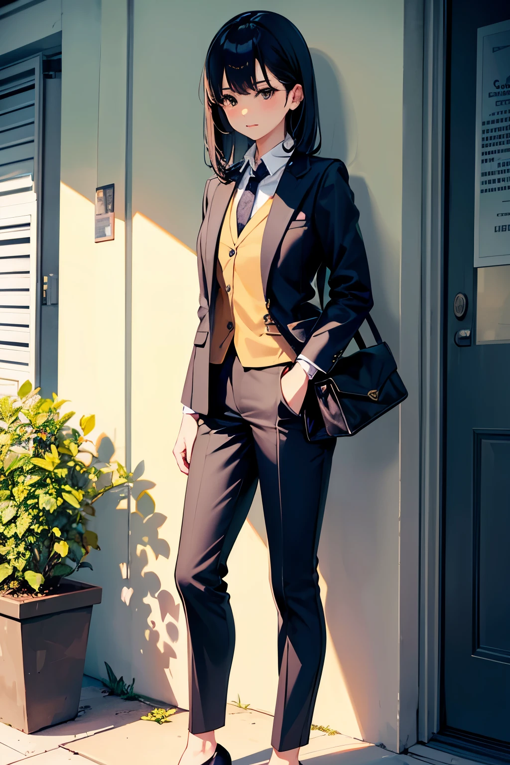 A woman in a suit is standing next to a lemon plant, cute:2, casual clothing style, mood, modern casual clothing, goose, h 7 0 4, casual modern clothing, pastel&#39;, 🐿🍸🍋, light, whole body, H576, trendy clothes, pastel 의류, When I look at the book, Wearing a fashion suit, block