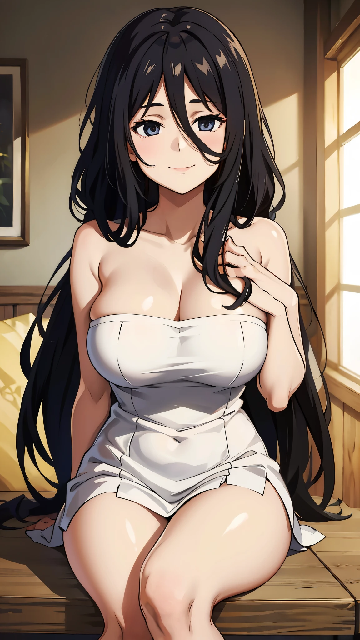 1girl,long hair,strapless shorttubedress,seductive smile,,big breasts,absurdly long hair