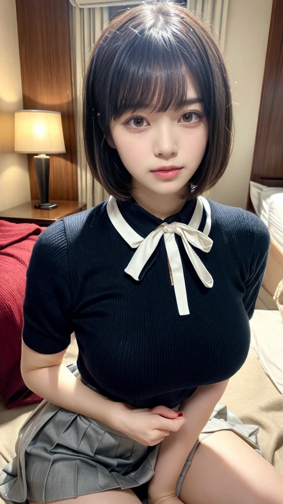 Masterpiece, highest quality, figure, Very detailed, Fine details, High resolution, 8k,wallpaper, Perfect dynamic composition,(Detailed high quality, Realistic depiction of eyes:1.3), (Collared knit shirt:1.1), Pleated skirt, Short Bob Hair、Black hair color, Big Natural Color Lip, Bold sexy pose, Crying a little、Harajuku Style、Acrobatic pose, 20-year-old girl、Cute type、Lolita、Beautiful feet, Hotel Rooms, Idol Sculpture, Voluptuous thighs, Huge breasts