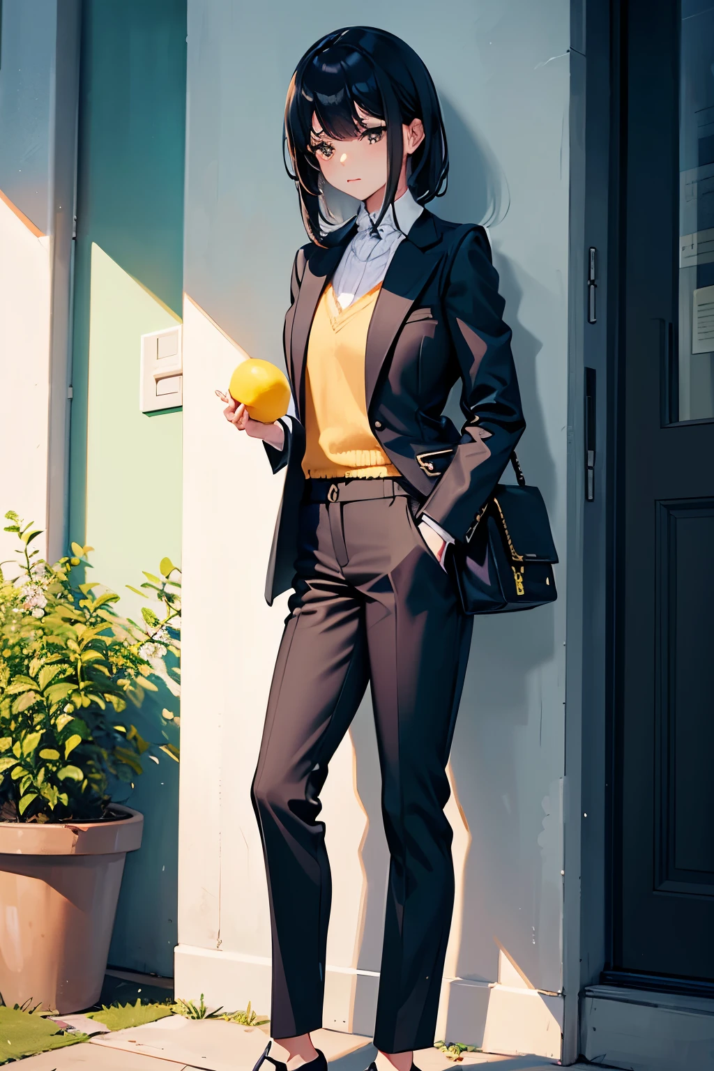 A woman in a suit is standing next to a lemon plant, cute:2, casual clothing style, mood, modern casual clothing, goose, h 7 0 4, casual modern clothing, pastel&#39;, 🐿🍸🍋, light, whole body, H576, trendy clothes, pastel 의류, When I look at the book, Wearing a fashion suit, block