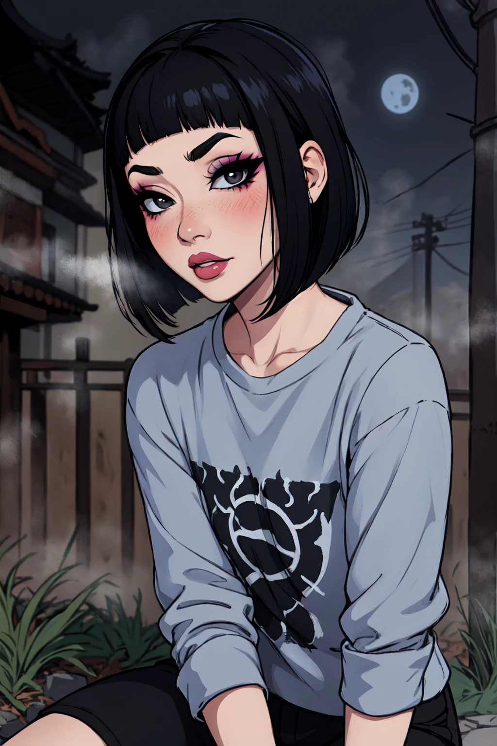 1girl, FengMin, solo, skinny, black eyes, asian eyes, eyeliner, looking at viewer, lips, black bob cut, blunt bangs, blush, standing, upper body, face focus, outdoors, horror \(theme\), night, fog egirlmakeup, sitting on the ground