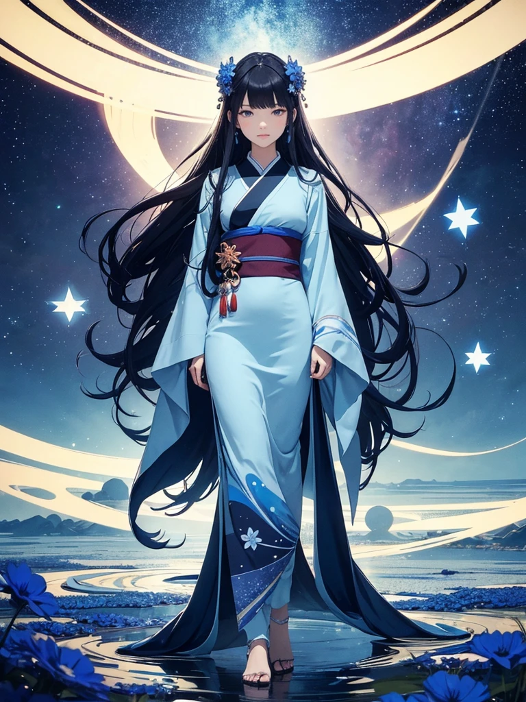 star world, a elegant furisode Lady long black hair standing backstyle on a blue smallFlowers, holding a Japanese SENSE in her hand to summon flying Bright star around her. The background is full of large and small blue flowers, creating an atmosphere of fantasy and dreamy darkblue tones. In the style of a high definition fantasy beautiful ukiyoe, with high resolution. A panoramic view from above, capturing the vastness of nature. Soft lighting creates a warm feeling.