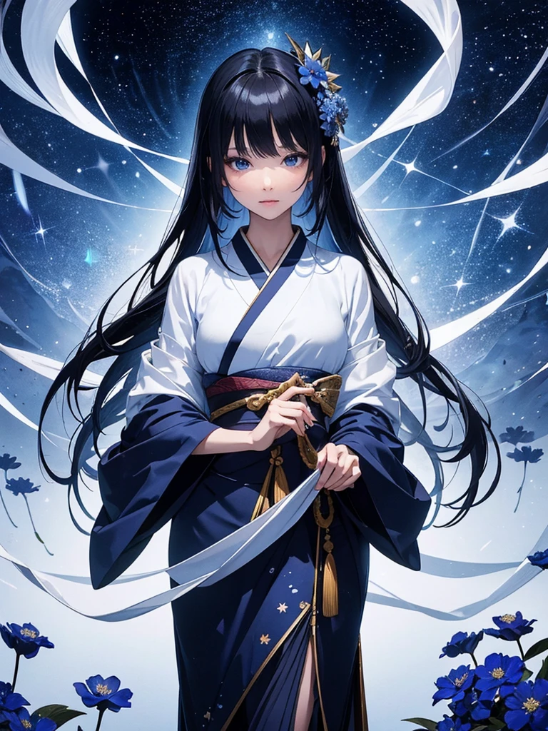 star world, a elegant furisode Lady long black hair standing backstyle on a blue smallFlowers, holding a Japanese SENSE in her hand to summon flying Bright star around her. The background is full of large and small blue flowers, creating an atmosphere of fantasy and dreamy darkblue tones. In the style of a high definition fantasy beautiful ukiyoe, with high resolution. A panoramic view from above, capturing the vastness of nature. Soft lighting creates a warm feeling.