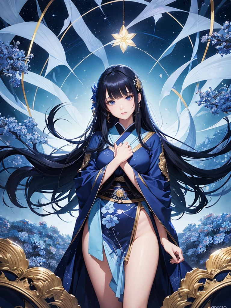 star world, a elegant furisode Lady long black hair standing backstyle on a blue smallFlowers, holding a Japanese SENSE in her hand to summon flying Bright star around her. The background is full of large and small blue flowers, creating an atmosphere of fantasy and dreamy darkblue tones. In the style of a high definition fantasy beautiful ukiyoe, with high resolution. A panoramic view from above, capturing the vastness of nature. Soft lighting creates a warm feeling.