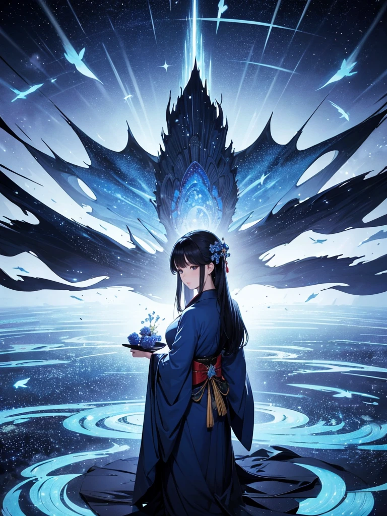 star world, a elegant furisode Lady long black hair standing backstyle on a blue smallFlowers, holding a Japanese SENSE in her hand to summon flying Bright star around her. The background is full of large and small blue flowers, creating an atmosphere of fantasy and dreamy darkblue tones. In the style of a high definition fantasy beautiful ukiyoe, with high resolution. A panoramic view from above, capturing the vastness of nature. Soft lighting creates a warm feeling.