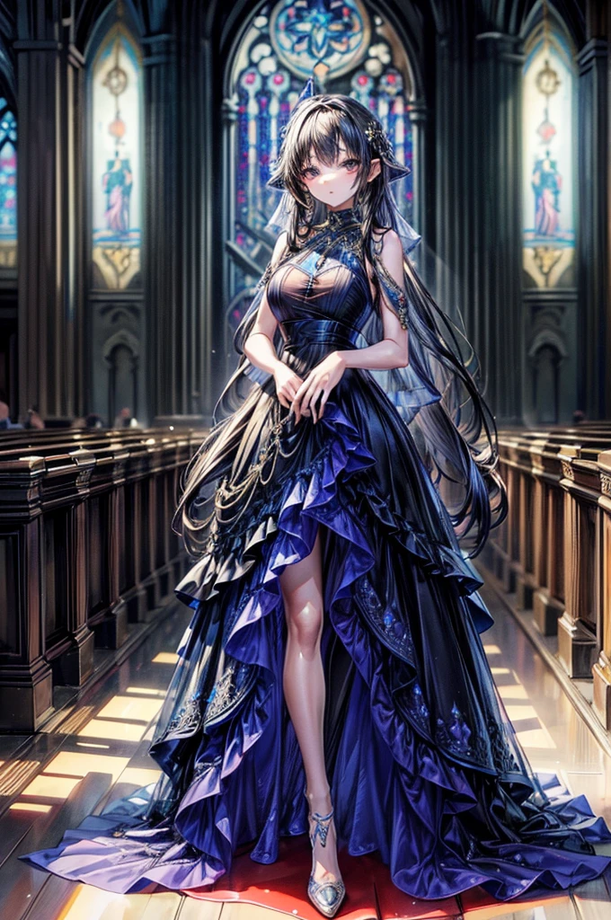 Perfect face, Masterpiece, ultra detailed, beautiful,Super Saturation,1 girl, (Evening dress:1.7), Long hair, Deluxe dress,whole body,glass shoes, stand in a church