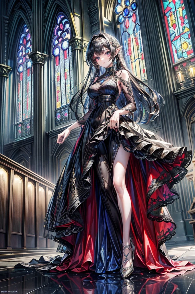 Perfect face, Masterpiece, ultra detailed, beautiful,Super Saturation,1 girl, (Evening dress:1.7), Long hair, Deluxe dress,whole body,glass shoes, stand in a church