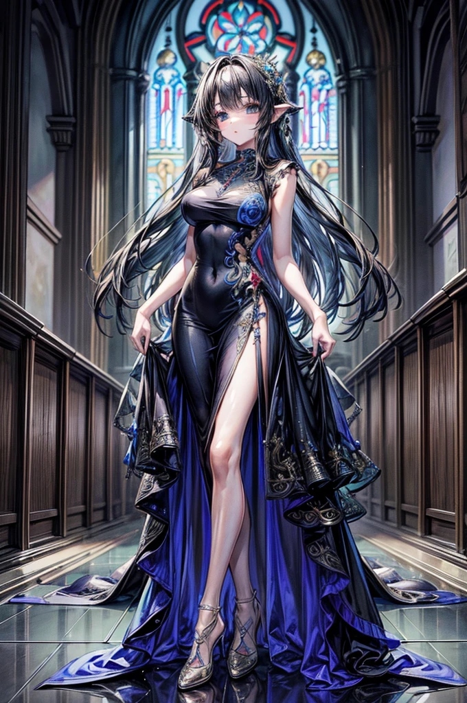 Perfect face, Masterpiece, ultra detailed, beautiful,Super Saturation,1 girl, (Evening dress:1.7), Long hair, Deluxe dress,whole body,glass shoes, stand in a church
