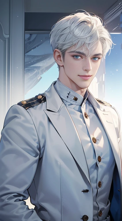 (best quality, masterpiece, 8 thousand, realistic, cinematic lighting, 1:4 HDR images, very detailed, beautiful photoature man, very handsome, ((cold expression smile in love)), white short hair, blue eye, A perfect face without any mistakes, ((Buttoning my jacket, chief executive))