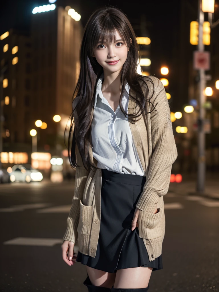 One Girl,Full Body Shot,(Cardigan over a shirt:1.4),(Long skirt:1.3)、(Wear stylish boots:1.3)、(RAW Photos, Highest quality), (Realistic, Photorealistic:1.4), (My hair is messy, Asymmetrical bangs, Dark brown hair,Medium Wave:1.3), Very delicate and beautiful, Very detailed, 8k wallpaper, wonderful, In detail, Very detailedなCG Unity, High resolution, Soft Light, Beautiful and detailed 19 year old girl, Very detailedな目と顔, Beautifully detailed nose, Beautiful fine details,Cinema Lighting,City lights at night,Perfect Anatomy,Slender body,smile