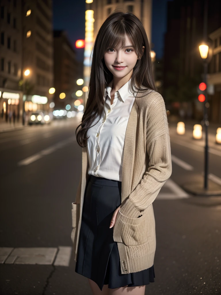 One Girl,Full Body Shot,(Cardigan over a shirt:1.4),(Long skirt:1.3)、(Wear stylish boots:1.3)、(RAW Photos, Highest quality), (Realistic, Photorealistic:1.4), (My hair is messy, Asymmetrical bangs, Dark brown hair,Medium Wave:1.3), Very delicate and beautiful, Very detailed, 8k wallpaper, wonderful, In detail, Very detailedなCG Unity, High resolution, Soft Light, Beautiful and detailed 19 year old girl, Very detailedな目と顔, Beautifully detailed nose, Beautiful fine details,Cinema Lighting,City lights at night,Perfect Anatomy,Slender body,smile